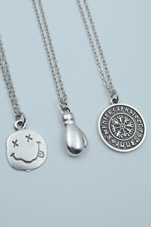 3'lü Nirvana Gülen Surat Boks Eldiveni Viking Pusula Gümüş Kaplama Kolye Seti