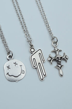 3'lü Billie Eilish Nirvana Gülen Surat Kuru Kafa Haç Gümüş Kaplama Kolye Seti