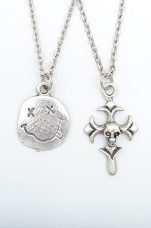 2'li Nirvana Smile - Kuru Kafa Haç Erkek Kadın Kolye Seti 925 Ayar Gümüş Kaplama