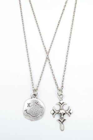 2'li Nirvana Smile - Kuru Kafa Haç Erkek Kadın Kolye Seti 925 Ayar Gümüş Kaplama