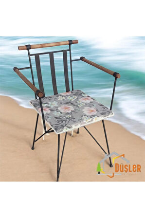 40x40 Çiçek Desenli Antrasit Gri Saten Fermuarlı Bağcıklı Krem Biyeli Sandalye Minderi 4 cm