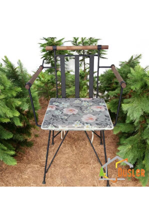 40x40 Çiçek Desenli Antrasit Gri Saten Fermuarlı Bağcıklı Krem Biyeli Sandalye Minderi 4 cm
