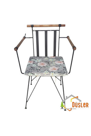 40x40 Çiçek Desenli Antrasit Gri Saten Fermuarlı Bağcıklı Krem Biyeli Sandalye Minderi 4 cm
