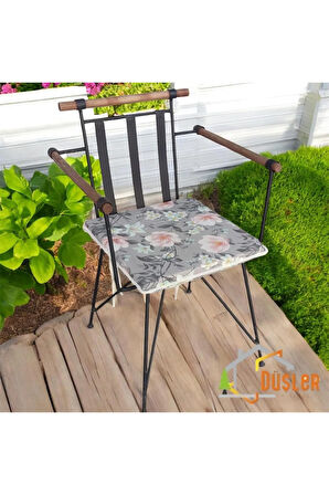 40x40 Çiçek Desenli Antrasit Gri Saten Fermuarlı Bağcıklı Krem Biyeli Sandalye Minderi 4 cm