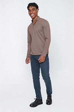 Uzun Kollu Jakarlı İtalyan Yaka Casual Slim Fit Dar Kesim Pamuklu Sweatshirt 1013225203 Taba