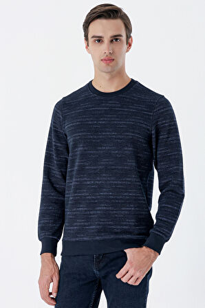 Uzun Kollu  Örme Bisiklet Yaka   Likralı Casual Comfort Fit Sweatshirt 1013235105 İndigo Mavi