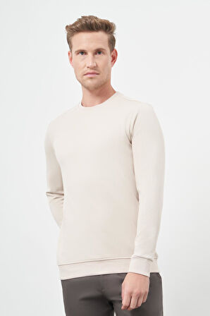 Bej Örme Bisiklet Yaka Pamuklu Casual Slim Fit Dar Kesim Sweatshirt 1013245150