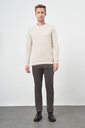 Bej Örme Bisiklet Yaka Pamuklu Casual Slim Fit Dar Kesim Sweatshirt 1013245150