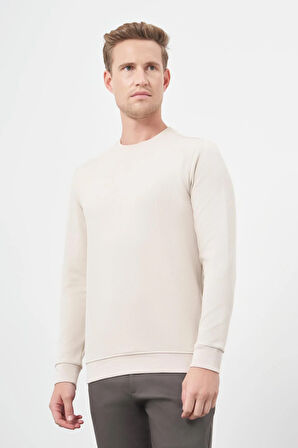Bej Örme Bisiklet Yaka Pamuklu Casual Slim Fit Dar Kesim Sweatshirt 1013245150