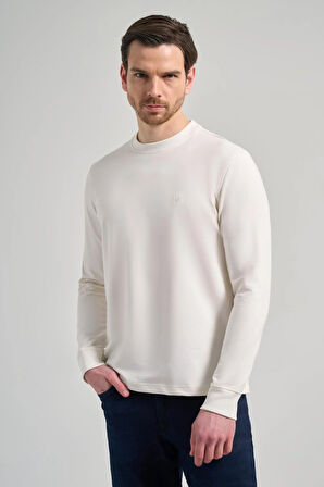 Açık Krem Uzun Kol Düz Örme Bisiklet Yaka Cepsiz Pamuklu Sweatshirt