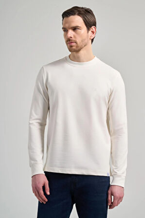 Açık Krem Uzun Kol Düz Örme Bisiklet Yaka Cepsiz Pamuklu Sweatshirt