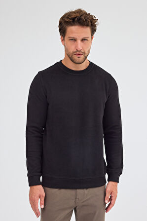 Siyah Uzun Kol Bisiklet Yaka Düz Pamuklu Comfort Fit Sweatshirt 1013255150