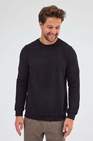 Siyah Uzun Kol Bisiklet Yaka Düz Pamuklu Comfort Fit Sweatshirt 1013255150