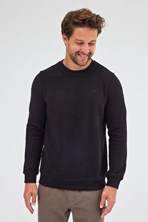 Siyah Uzun Kol Bisiklet Yaka Düz Pamuklu Comfort Fit Sweatshirt 1013255150