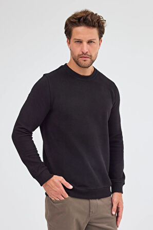 Siyah Uzun Kol Bisiklet Yaka Düz Pamuklu Comfort Fit Sweatshirt 1013255150
