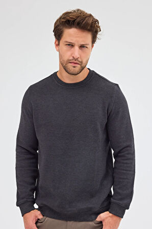 Antrasit Uzun Kol Bisiklet Yaka Düz Pamuklu Comfort Fit Sweatshirt 1013255150