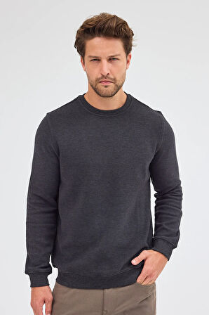 Antrasit Uzun Kol Bisiklet Yaka Düz Pamuklu Comfort Fit Sweatshirt 1013255150