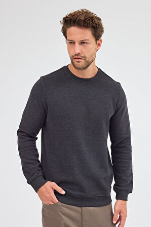 Antrasit Uzun Kol Bisiklet Yaka Düz Pamuklu Comfort Fit Sweatshirt 1013255150