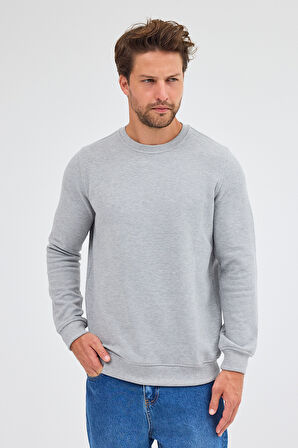 Gri Uzun Kol Bisiklet Yaka Düz Pamuklu Comfort Fit Sweatshirt 1013255150