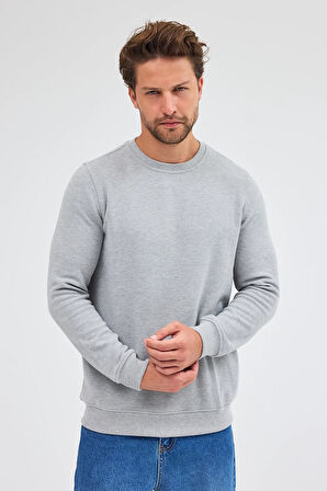 Gri Uzun Kol Bisiklet Yaka Düz Pamuklu Comfort Fit Sweatshirt 1013255150