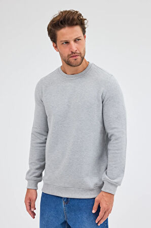 Gri Uzun Kol Bisiklet Yaka Düz Pamuklu Comfort Fit Sweatshirt 1013255150