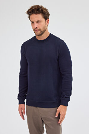 Lacivert Uzun Kol Bisiklet Yaka Düz Pamuklu Comfort Fit Sweatshirt 1013255150