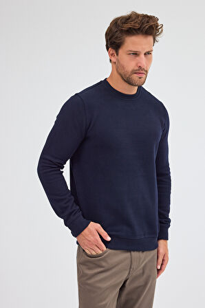 Lacivert Uzun Kol Bisiklet Yaka Düz Pamuklu Comfort Fit Sweatshirt 1013255150