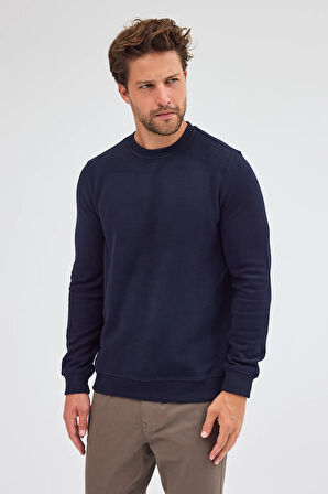 Lacivert Uzun Kol Bisiklet Yaka Düz Pamuklu Comfort Fit Sweatshirt 1013255150