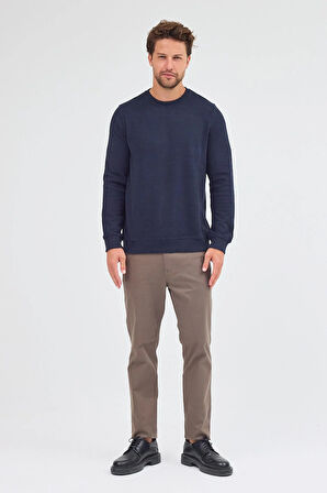 Koyu Lacivert Uzun Kol Bisiklet Yaka Düz Pamuklu Comfort Fit Sweatshirt 1013255150