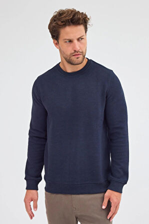 Koyu Lacivert Uzun Kol Bisiklet Yaka Düz Pamuklu Comfort Fit Sweatshirt 1013255150