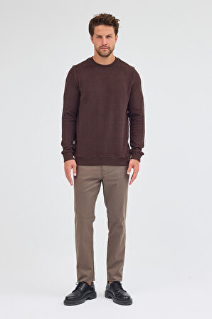 Kahverengi Uzun Kol Bisiklet Yaka Düz Pamuklu Comfort Fit Sweatshirt 1013255150