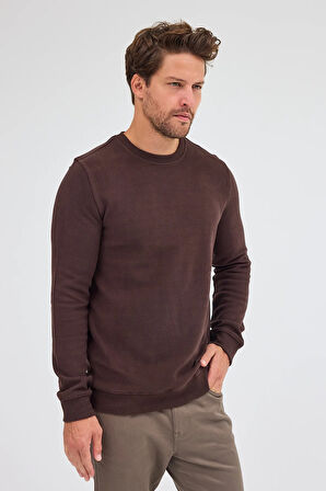 Kahverengi Uzun Kol Bisiklet Yaka Düz Pamuklu Comfort Fit Sweatshirt 1013255150