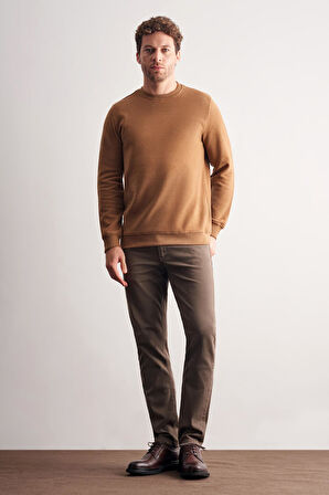 Açık Kahverengi Uzun Kol Bisiklet Yaka Düz Pamuklu Comfort Fit Sweatshirt 1013255150