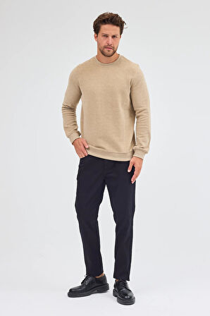 Koyu Bej Uzun Kol Bisiklet Yaka Düz Pamuklu Comfort Fit Sweatshirt 1013255150