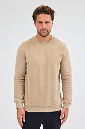 Koyu Bej Uzun Kol Bisiklet Yaka Düz Pamuklu Comfort Fit Sweatshirt 1013255150