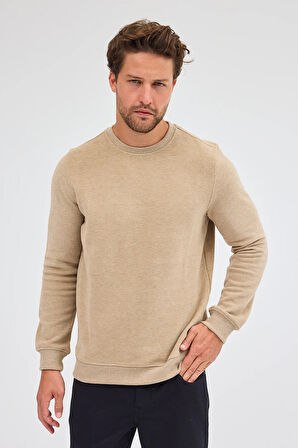 Koyu Bej Uzun Kol Bisiklet Yaka Düz Pamuklu Comfort Fit Sweatshirt 1013255150