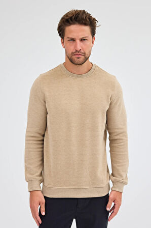 Koyu Bej Uzun Kol Bisiklet Yaka Düz Pamuklu Comfort Fit Sweatshirt 1013255150