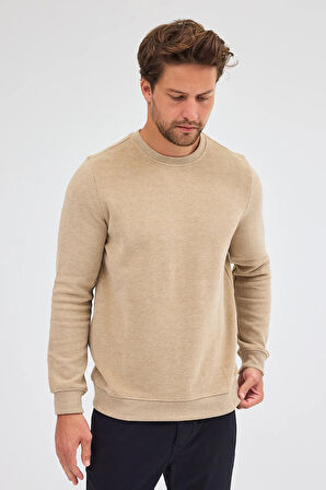 Koyu Bej Uzun Kol Bisiklet Yaka Düz Pamuklu Comfort Fit Sweatshirt 1013255150