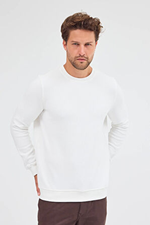 Krem Uzun Kol Bisiklet Yaka Düz Pamuklu Comfort Fit Sweatshirt 1013255150