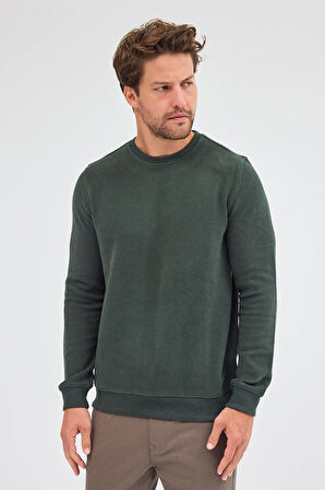 Haki Uzun Kol Bisiklet Yaka Düz Pamuklu Comfort Fit Sweatshirt 1013255150