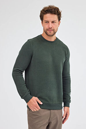Haki Uzun Kol Bisiklet Yaka Düz Pamuklu Comfort Fit Sweatshirt 1013255150