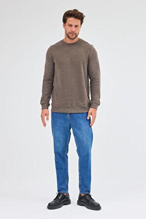 Açık Haki Uzun Kol Bisiklet Yaka Düz Pamuklu Comfort Fit Sweatshirt 1013255150