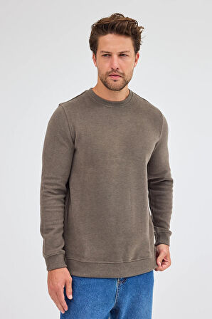 Açık Haki Uzun Kol Bisiklet Yaka Düz Pamuklu Comfort Fit Sweatshirt 1013255150