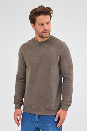 Açık Haki Uzun Kol Bisiklet Yaka Düz Pamuklu Comfort Fit Sweatshirt 1013255150