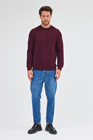 Bordo Uzun Kol Bisiklet Yaka Düz Pamuklu Comfort Fit Sweatshirt 1013255150