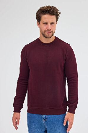 Bordo Uzun Kol Bisiklet Yaka Düz Pamuklu Comfort Fit Sweatshirt 1013255150