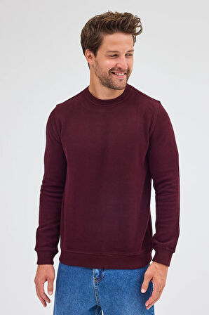 Bordo Uzun Kol Bisiklet Yaka Düz Pamuklu Comfort Fit Sweatshirt 1013255150