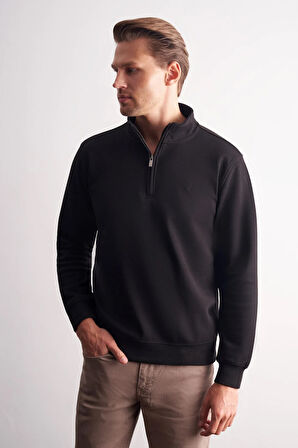 Siyah Uzun Kol Hakim Yaka Düz Pamuklu Comfort Fit Sweatshirt 1013255151