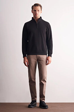 Siyah Uzun Kol Hakim Yaka Düz Pamuklu Comfort Fit Sweatshirt 1013255151