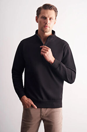 Siyah Uzun Kol Hakim Yaka Düz Pamuklu Comfort Fit Sweatshirt 1013255151
